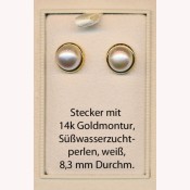 Ohrstecker Gold 14k mit Süßwasserzuchtperlen weiß 8.3 mm