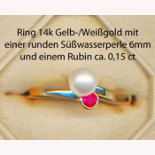 Ring 14k Gold, eine weiße Süßwasserzuchtperle, ein Rubin