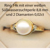 Ring 14k Gold, eine weiße Süßwasserzuchtperle und Diamanten